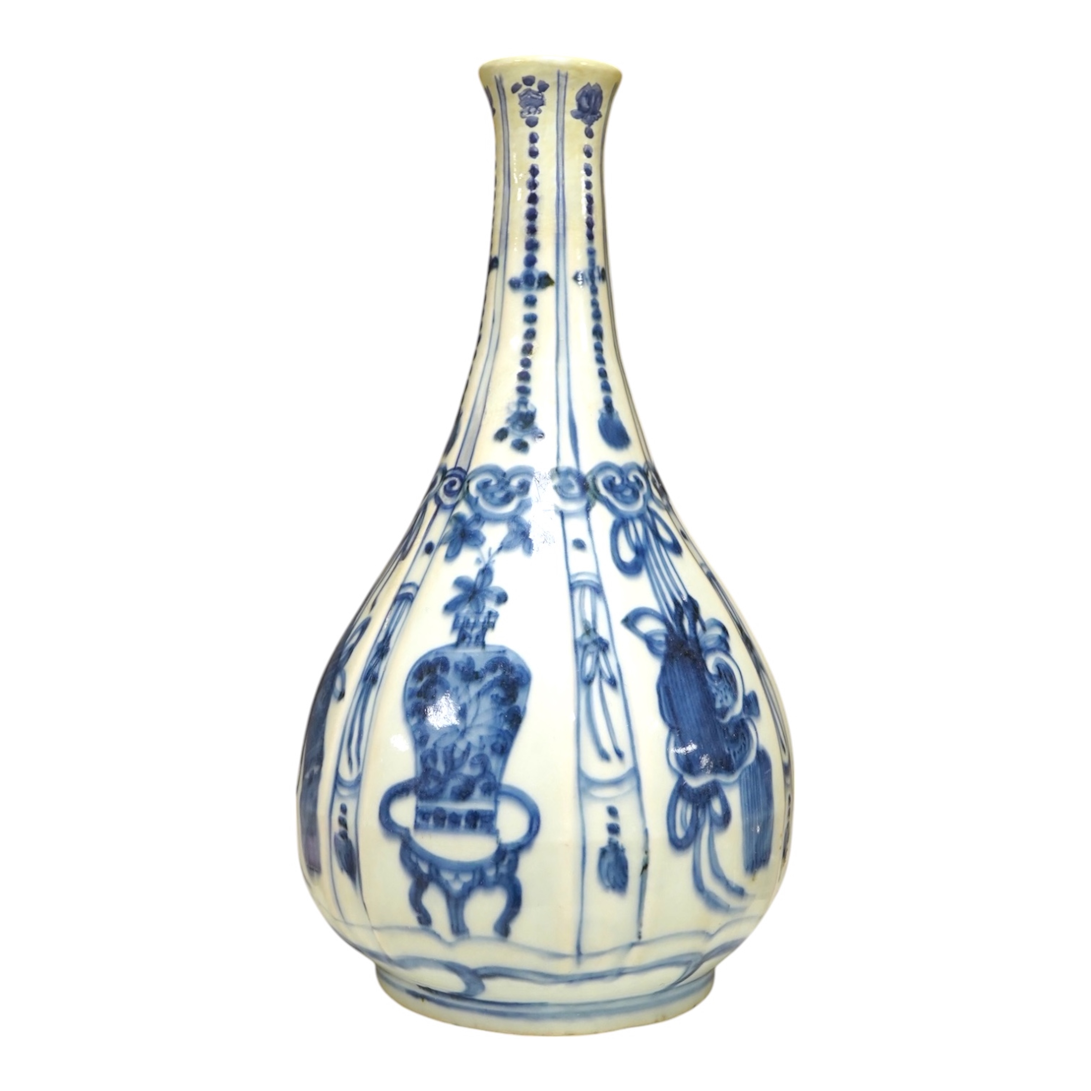 An early 17th century Chinese kraak blue and white bottle vase, 28.5cm. Condition - restored